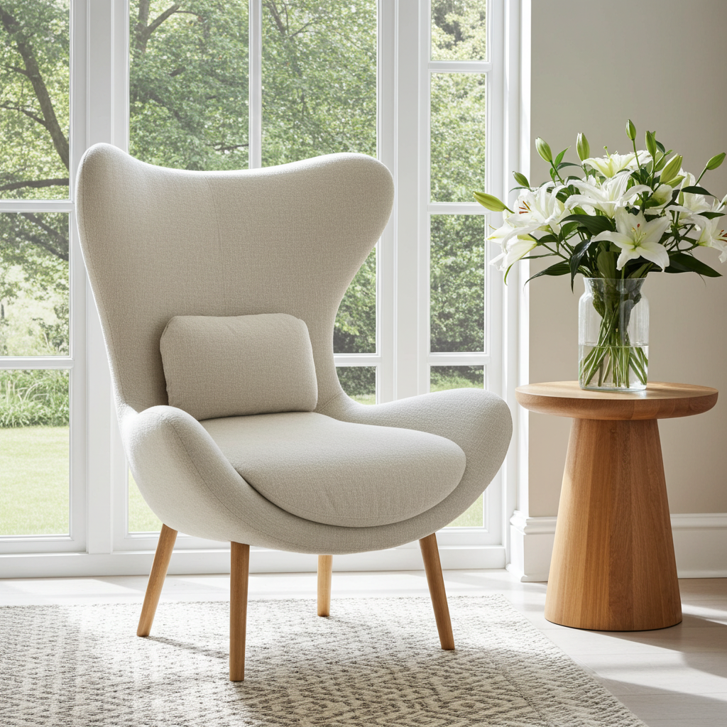 Poltrona Lazy in legno di frassino e tessuto beige