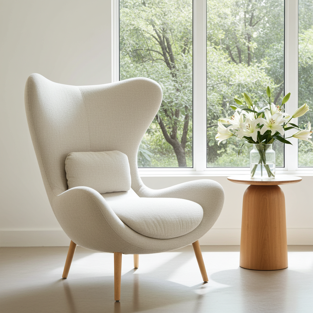 Poltrona Lazy in legno di frassino e tessuto beige